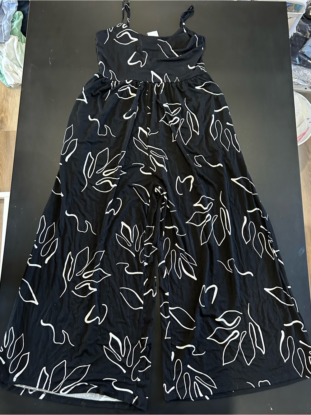 Black Wide-Leg Jumpsuit with White Leaf Print